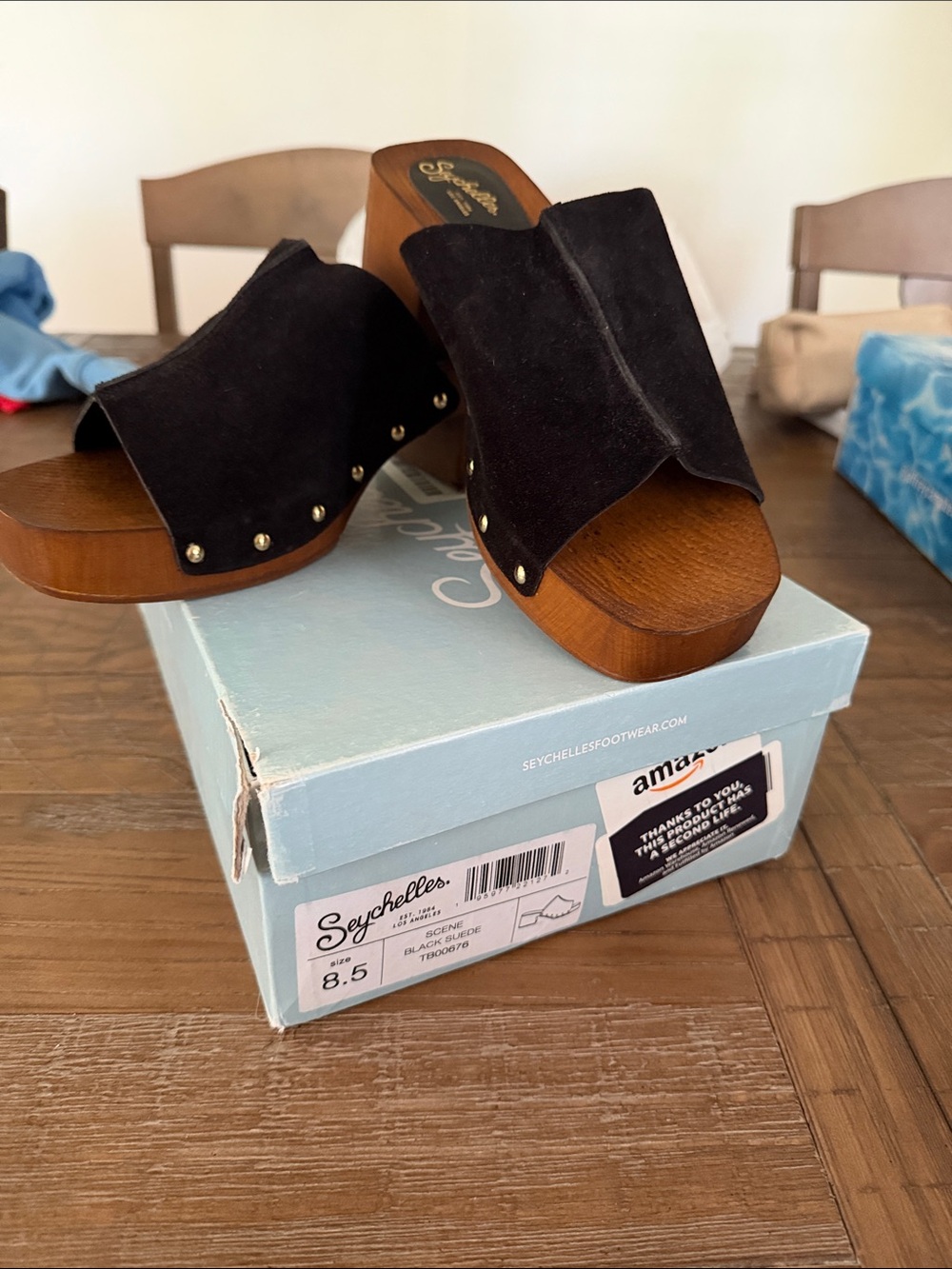 Seychelles Black Suede Studded Wooden Platform Mules